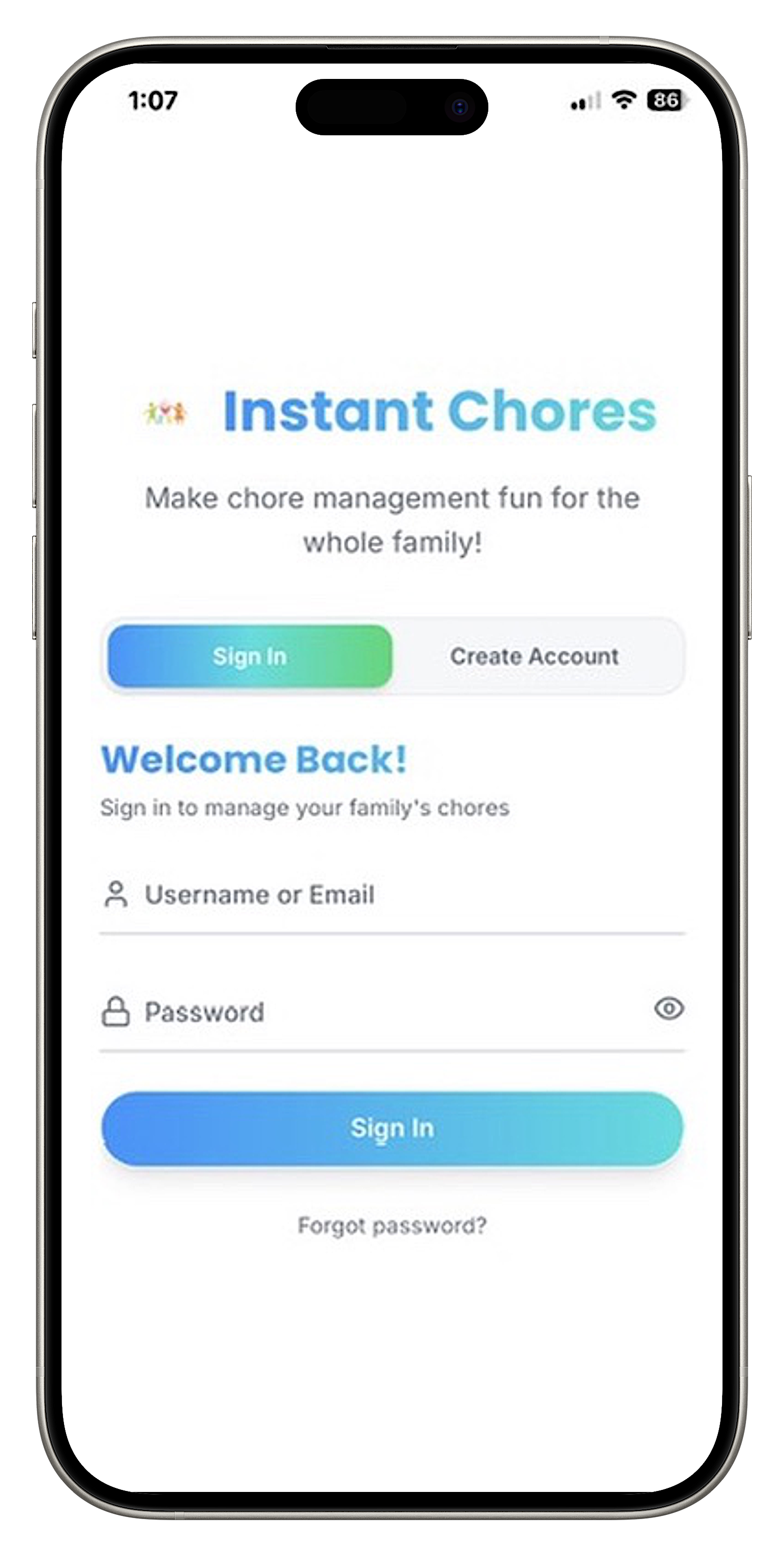 Instant Chores Sign In Screen